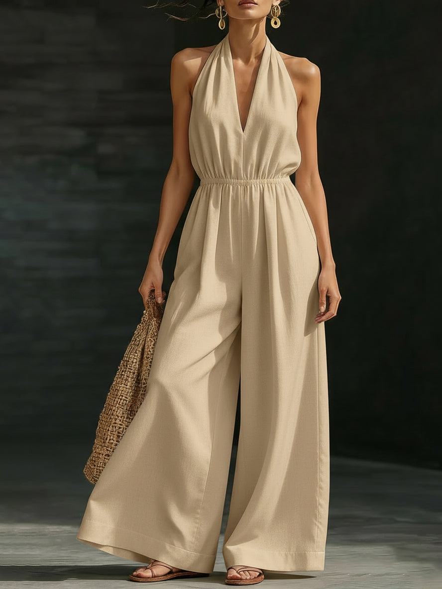Minimalist And Elegant Halter-neck Wide-leg Linen Jumpsuit