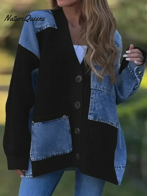 Women's Casual Loose Patchwork Denim Cardigan Sweater