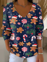 Women 's Christmas Gingerbread Man Decorations Casual V Collar Long Sleeve Sweater