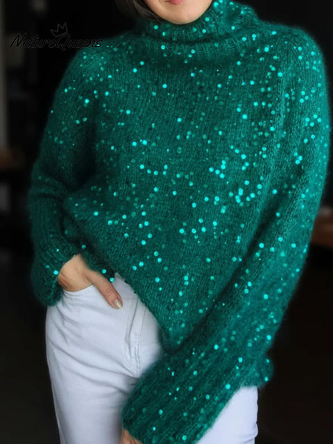 Dreamy High-neck Loose Sequined Sweater Top