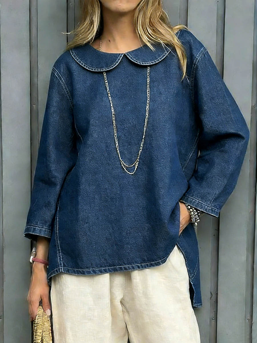 Women's Peter Pan Collar Long-sleeved Casual Loose-fitting Simple Denim Top