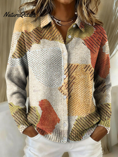 Women's Retro Geometric Splicing Pattern Art Print Cowl Neck Sweater