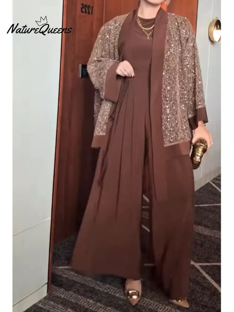 Women's Sequined Cardigan, Top And Pants Three-piece Set
