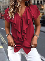 Women's Solid-color V-neck Short-sleeve Casual Loose Ruffled Top
