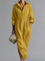 Women's Solid Color Lapel Long-sleeved Casual Loose Cotton Dress