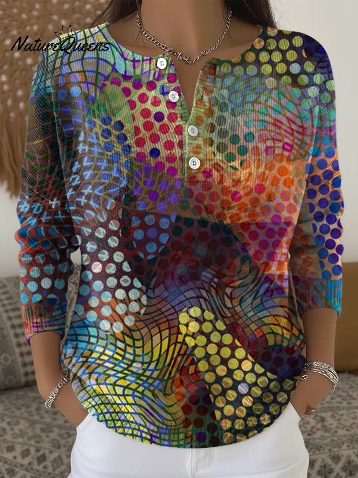 Women's Vintage Abstract Polka Dots Print Casual Sweater