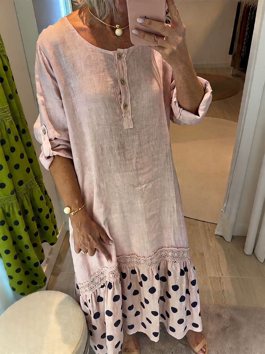 Women's Linen-blend Dress With Polka-dot Lace Trim