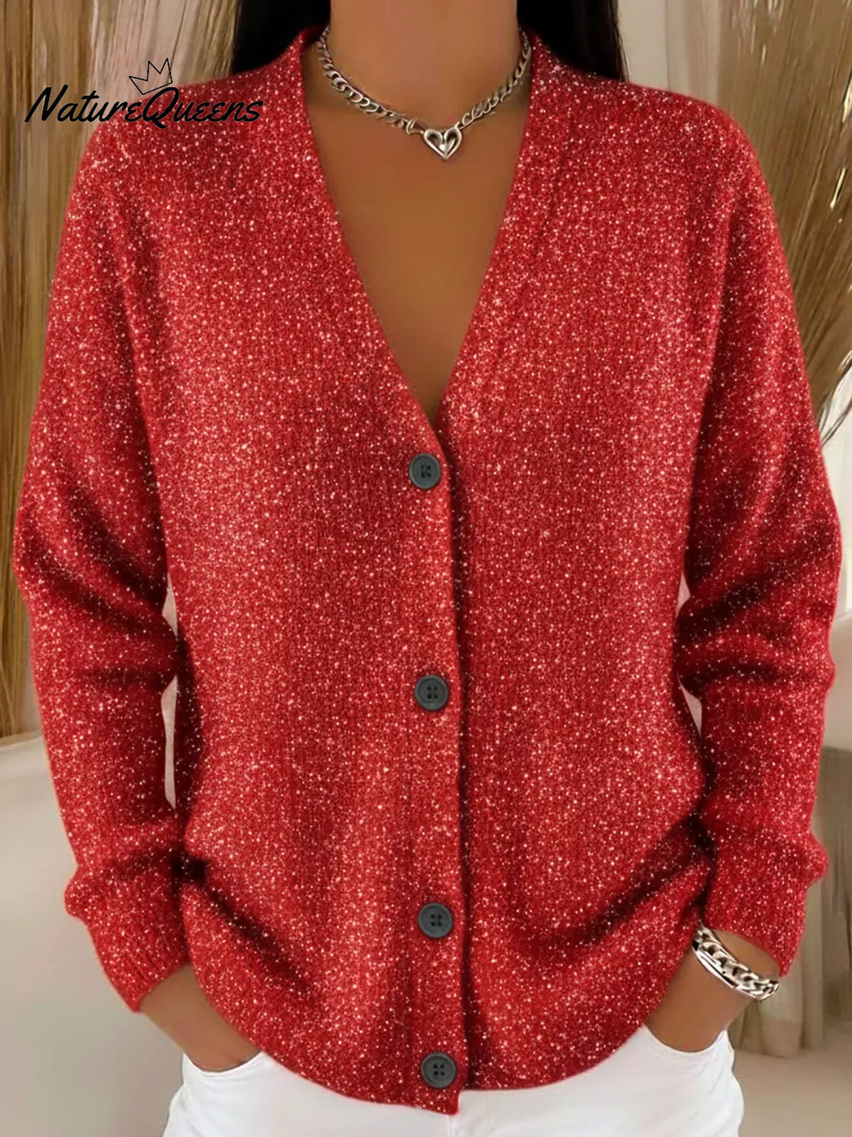 Casual Christmas Party Shiny Button V-Neck Cardigan Sweater