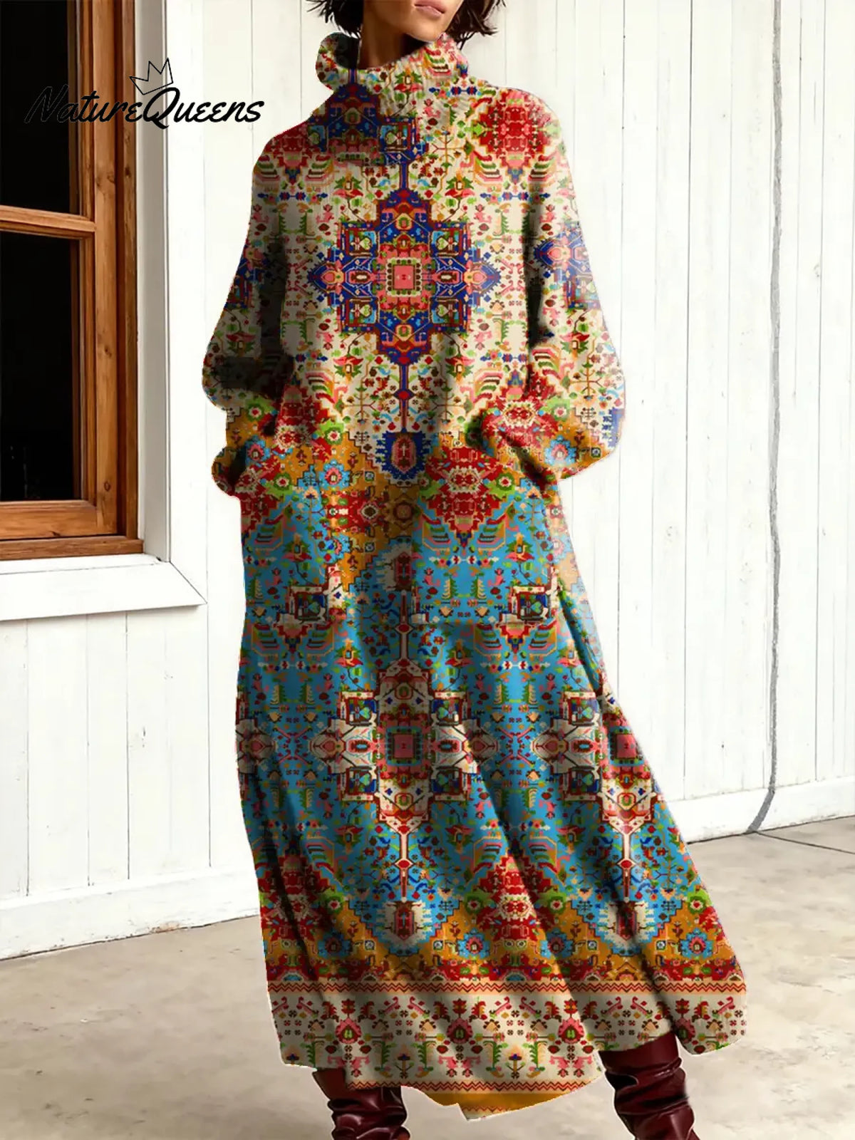 Women's Vintage Flower Art Print Casual Cotton Knitted Dress