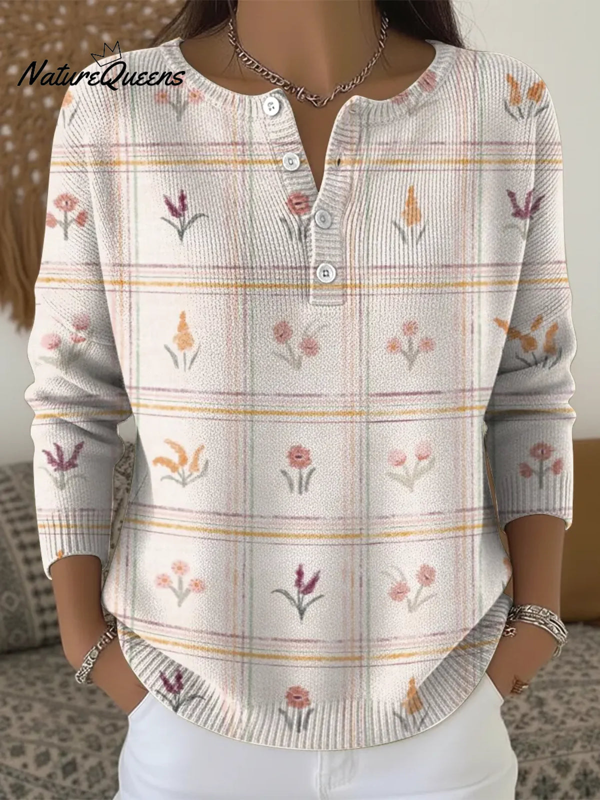 Artistic Flowers Print Buttoned Cardigan Sweater