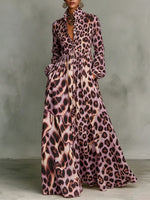 Classic Leopard Print Color-block Dress — Featuring A Turn-down Collar, Cinched Waist, And Flared Skirt