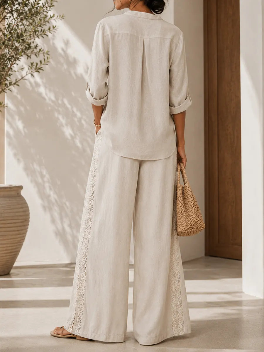 Comfortable Patchwork Lace Tencel Linen Wide-leg Pants