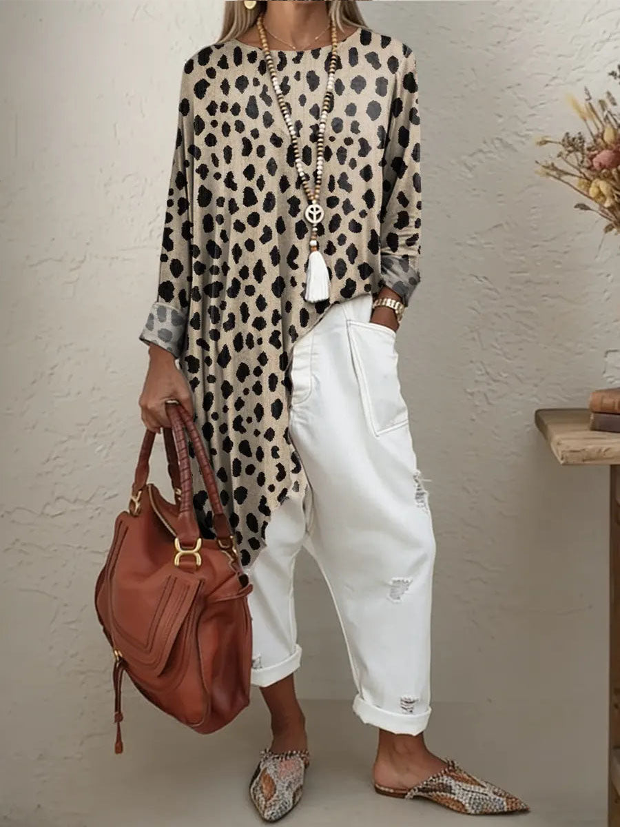 Women's Retro Leopard Print Casual Top With Asymmetrical Hem