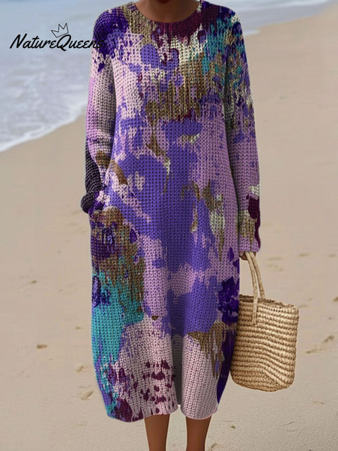 Women's Color Flowers Abstract Pattern Casual Round Collar Long Sleeve Dress