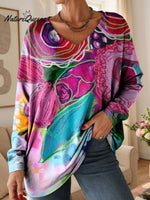 Women's Lovely Floral Flowers Pattern Art Print V-neck Casual Cotton T-shirt