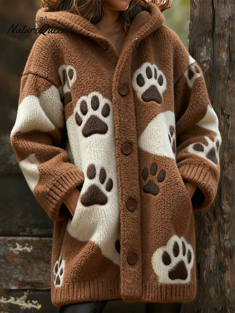 Women's Paw Pattern Art Print Casual Fleece Coat