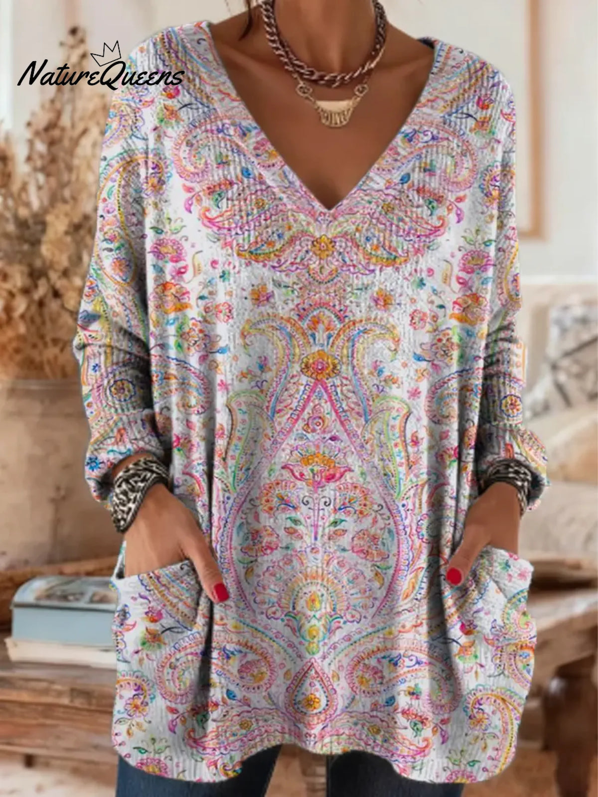 Women's Floral Pattern Art Print Casual Cotton Knitted Sweater