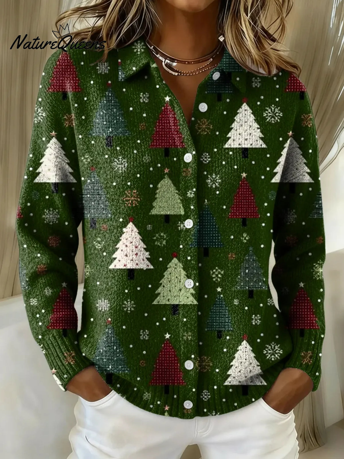 Women's Vintage Christmas Tree Printed Collared Sweater
