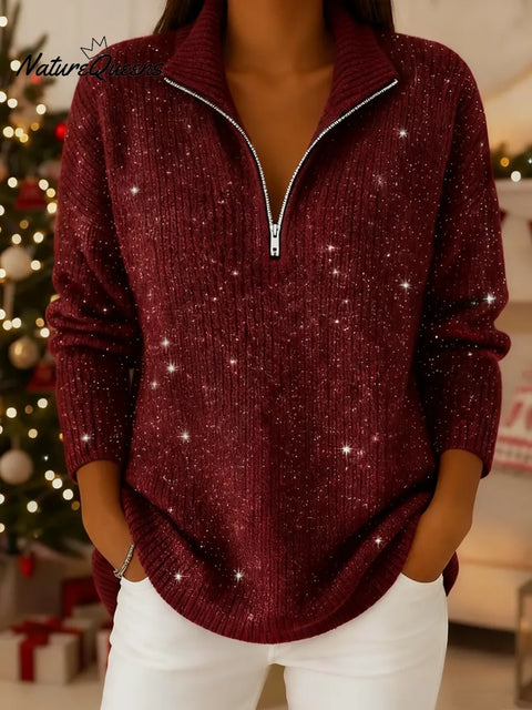 Women's Solid Color High Neck Casual Loose Sequined Knit Sweater