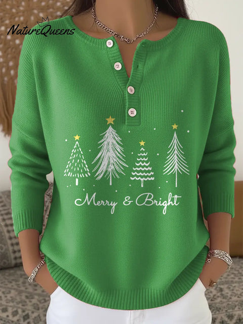 Women's Christmas Tree Pattern Art Print Buttoned Cardigan Sweater