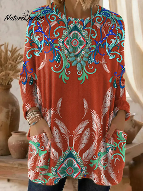 Women's Retro Hippie Feathers  Art Pattern Art Print Casual Cotton Knitted Sweater