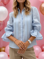 Women's Solid Color Shirt Collar Long-sleeved Casual Loose Pleated Cotton And Linen Top