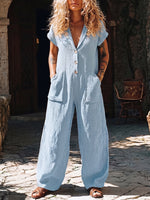 Relaxed Boho Collared Cotton-linen Jumpsuit With Pockets