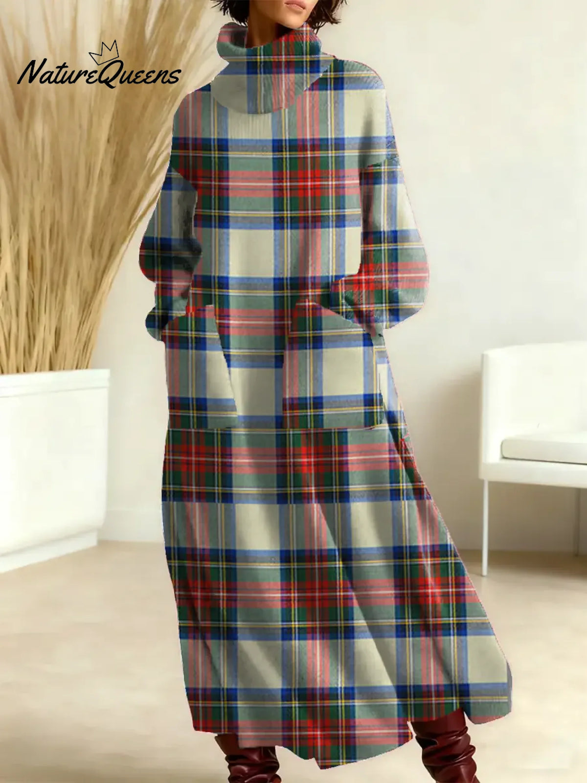 Women's Vintage Plaid Art Print Casual Cotton Knitted Dress