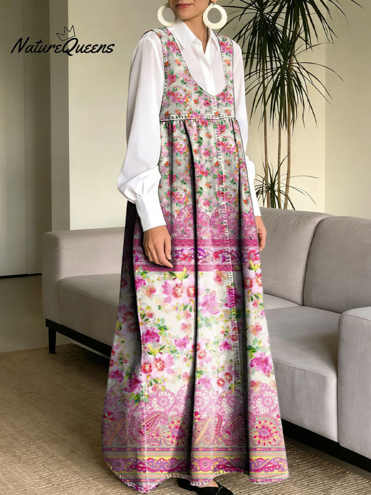 Women's Retro Splicing Colorful Flowers Pattern Art Print Casual Cotton Denim Dress