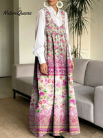 Women's Retro Splicing Colorful Flowers Pattern Art Print Casual Cotton Denim Dress