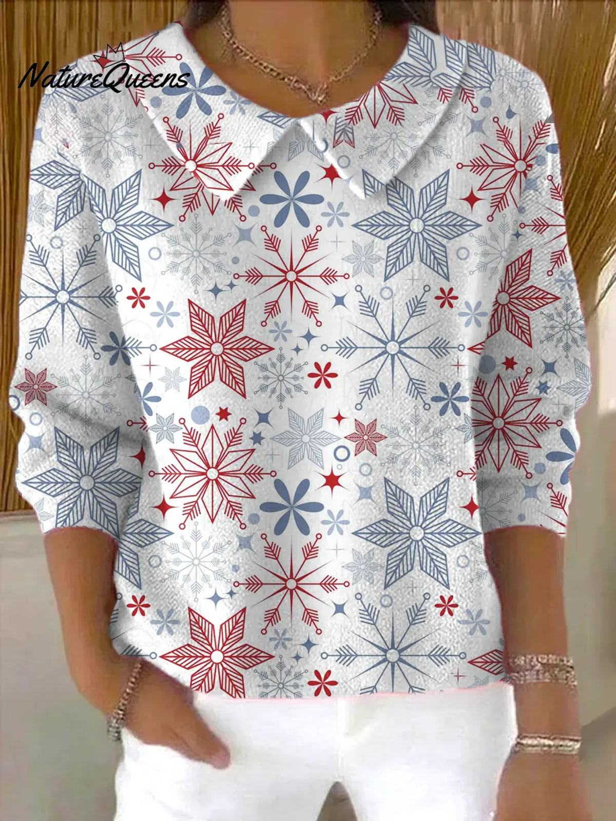 Women's Christmas Snowflake Print Casual Peter Pan Collar 3/4 Sleeve Sweater