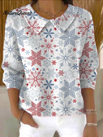 Women's Christmas Snowflake Print Casual Peter Pan Collar 3/4 Sleeve Sweater