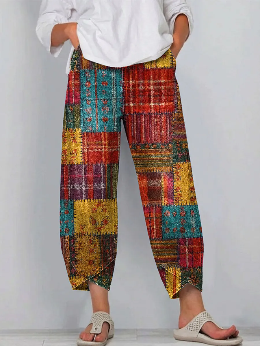 Women's Vintage Pattern Art Print Casual Cotton Denim Pants