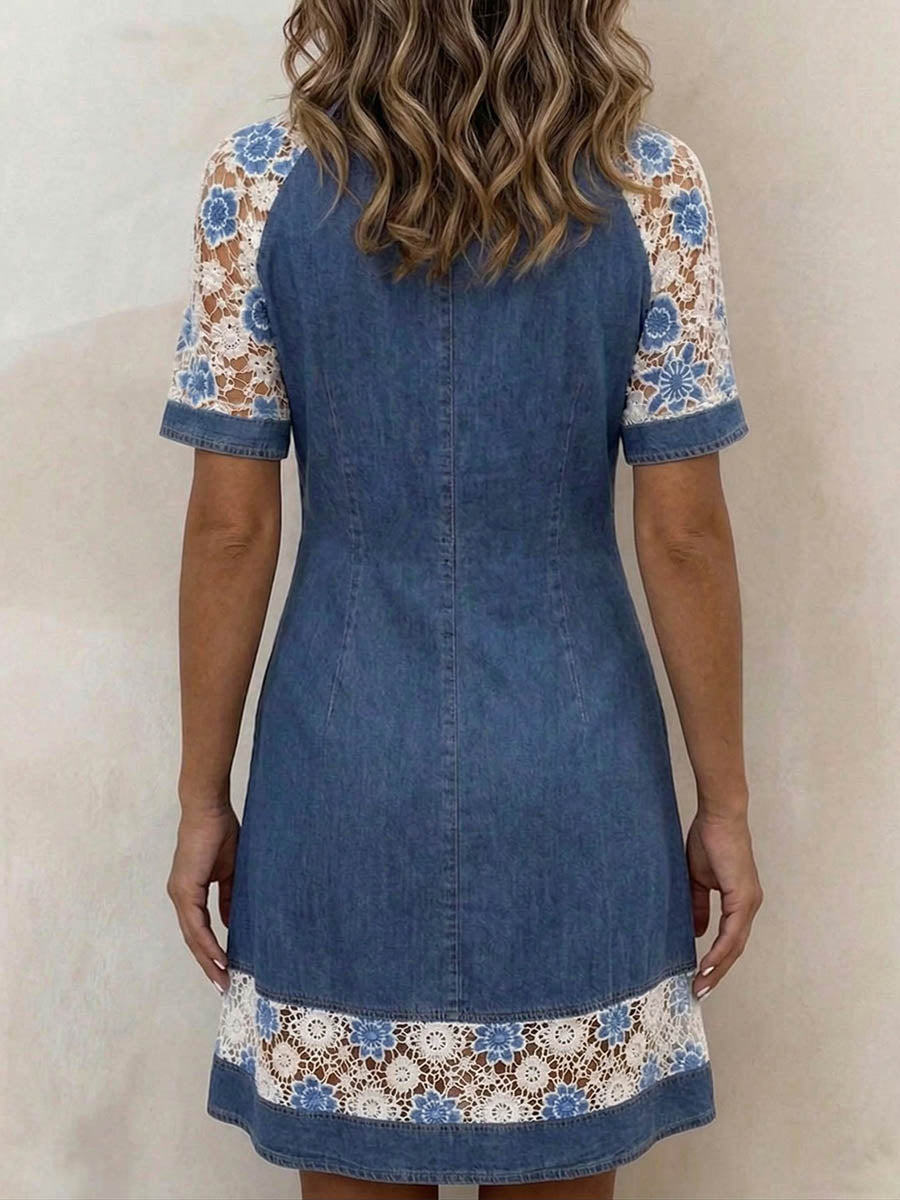 Women's Short-sleeve Casual Loose Denim-paneled Dress With Shirt Collar