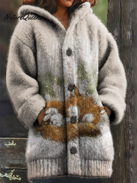 Women's Christmas Cute Animals Fox Snowflakes Pattern Art Print Casual Plush Warm Coat