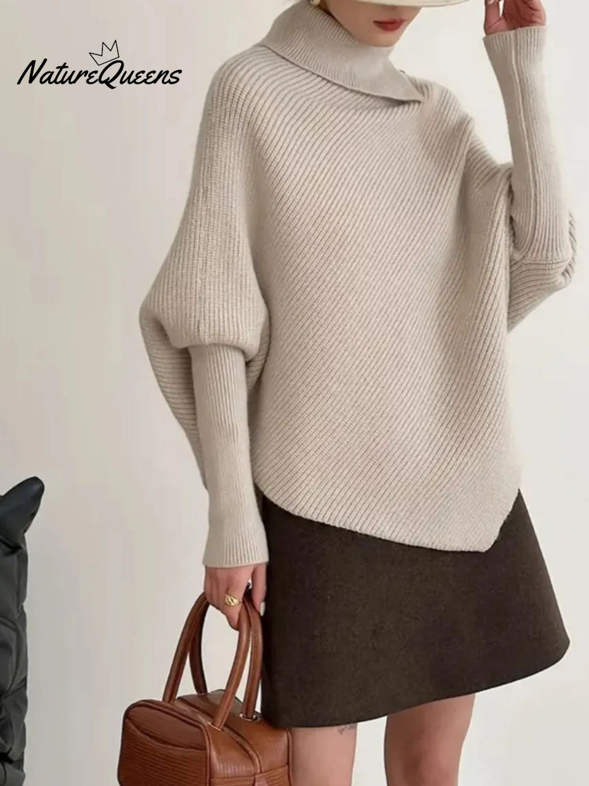 Women's Solid Color High-neck Batwing Sleeve Casual Loose Knit Sweater