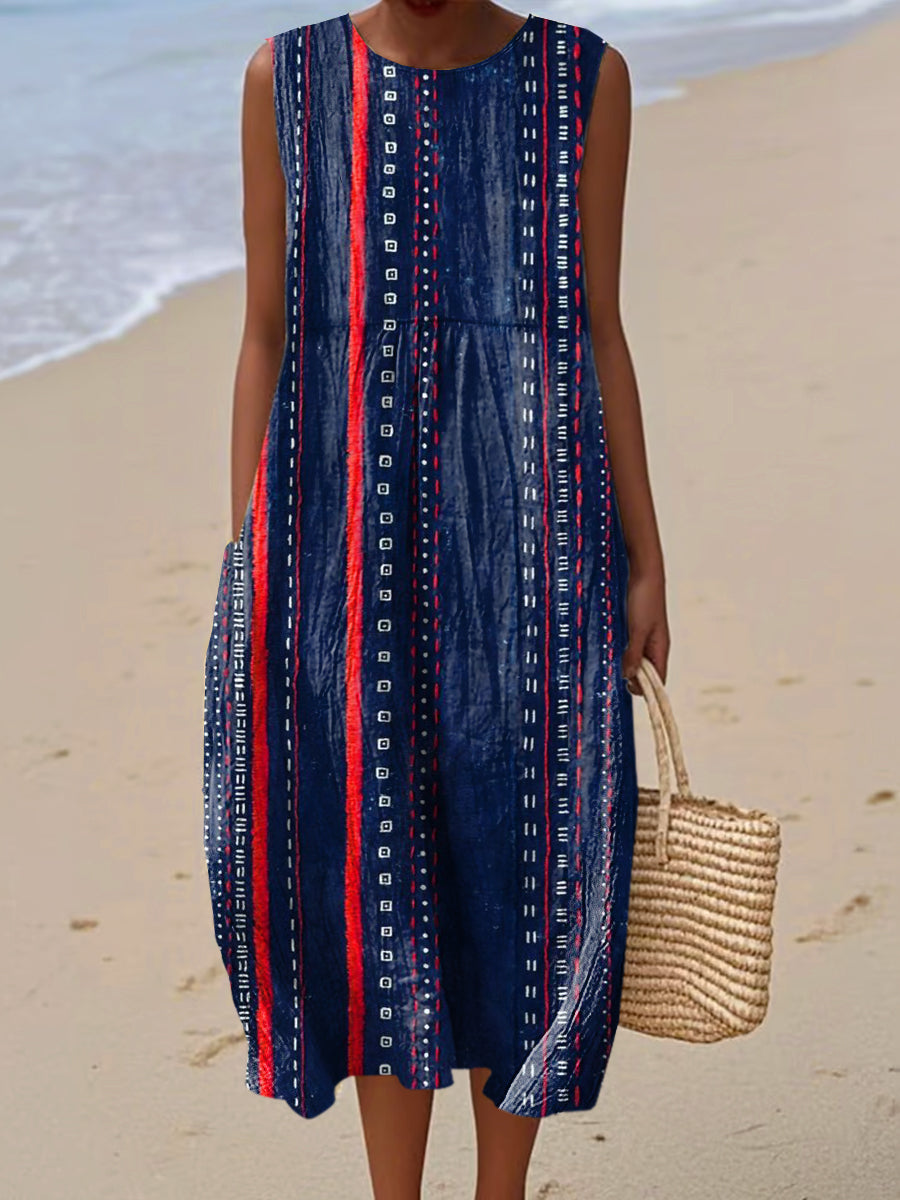 Women's Vintage Geometry Art Print Sleeveless Cotton Pocket Wrap Dress