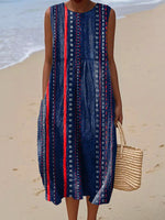 Women's Vintage Geometry Art Print Sleeveless Cotton Pocket Wrap Dress