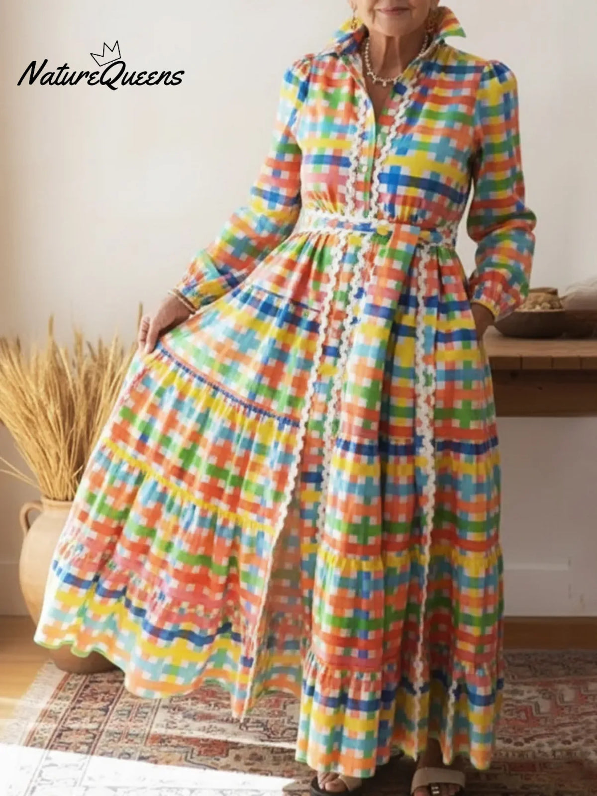 Colorful Plaid Print Lace Patchwork Midi Dress