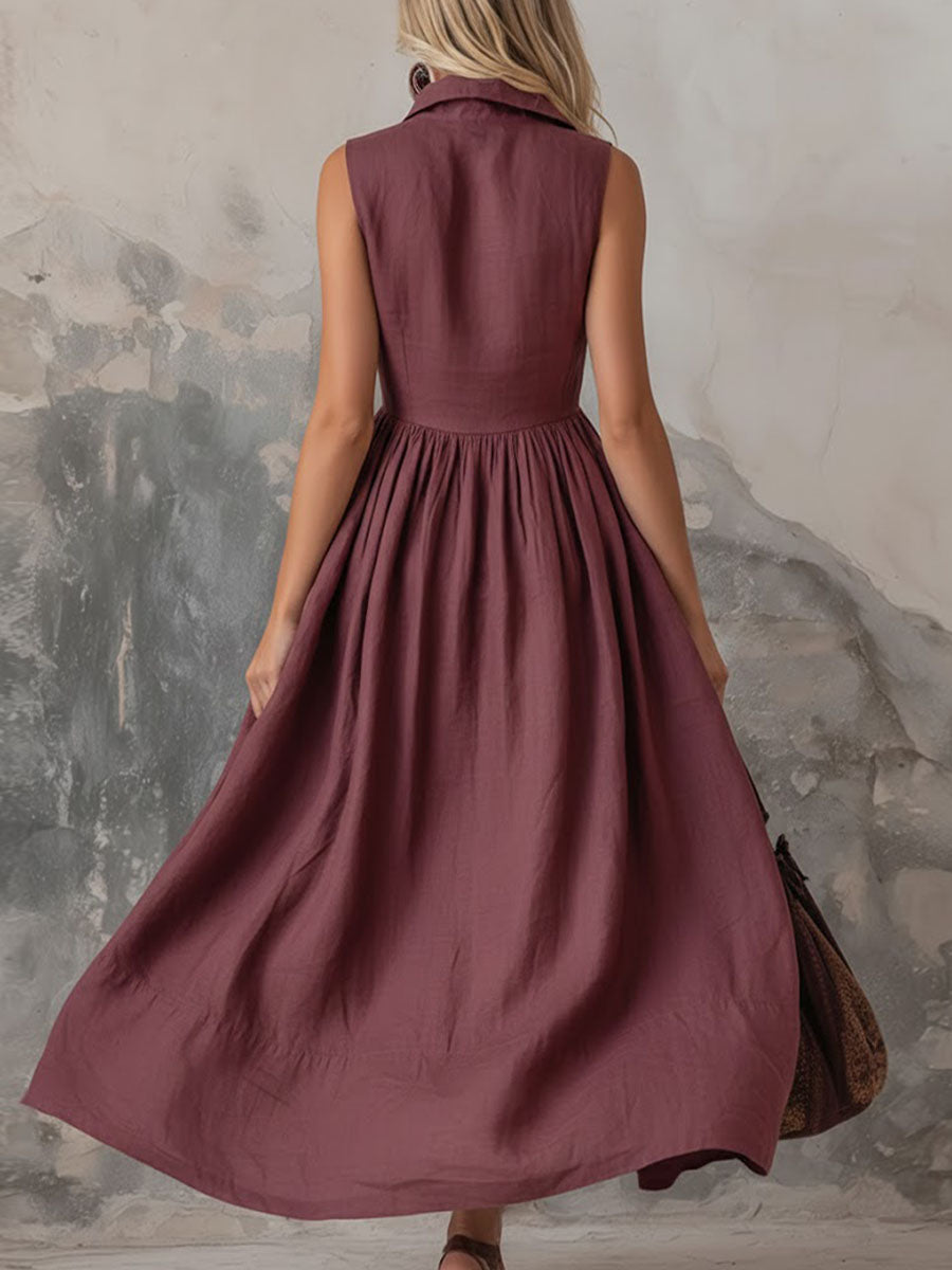 Women's Solid Color Lapel Sleeveless Casual Loose Cotton Dress