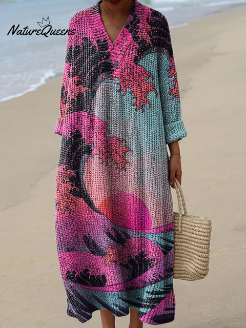 Pink Japanese Ukiyo-e Wave Decoration Pattern Women's Casual V-collar Long Sleeve Dress