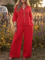 Women's Cozy Loose Collar Button-up Linen Jumpsuit