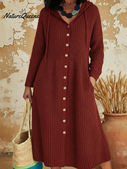 Cozy Casual Hooded Button-up Knit Dress