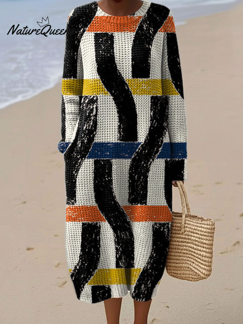 Women's Color Block Abstract Pattern Casual Round Collar Long Sleeve Dress