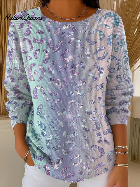 Women's Gradient Dreamy Sparkling Leopard Print Casual Pullover Sweater