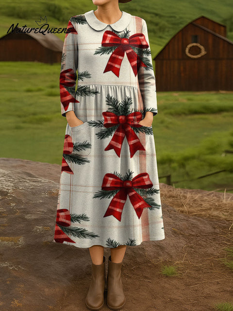 Christmas Bow Decoration Patterns Women's Casual Peter Pan Collar Long Sleeve Dress