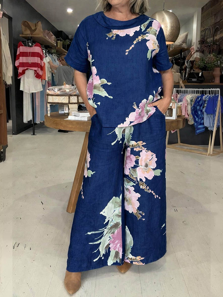 Women's Spring New Arrival Round Neck/peter Pan Collar Two-way Style Short-sleeved Casual Loose Cotton And Linen Pants Set