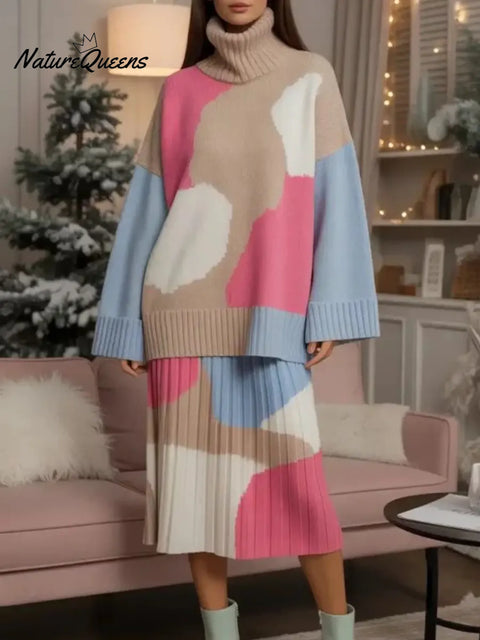 Women's Art Print Turtleneck Sweater and Skirt Two-Piece Set