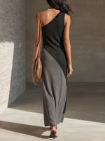 Women's Sleeveless One-shoulder Color-block Dress