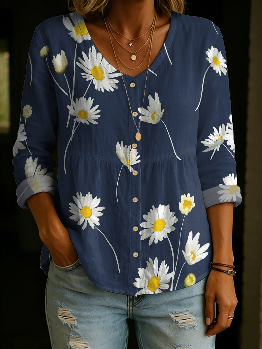 Women's Daisy Flower Decorative Pattern Linen And Cotton Shirt